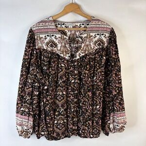 LA Threads Blouse Women 3X Black Medallion Boho Paisley Long Sleeve Peasant Top